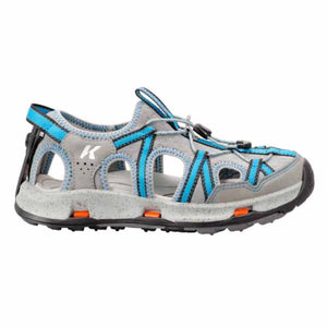 Korkers grey and blue water sandal with bungee lacing system