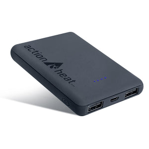 ActionHeat black portable power bank with two USB ports and LED battery indicator