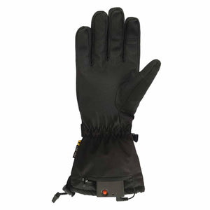 Black heated glove with battery pack and power button on the cuff