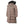 Taupe long puffer coat with a faux fur hood and front zipper closure