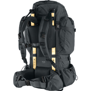 Back view of FjallRaven Kajka 55 backpack showing wooden frame and adjustable straps