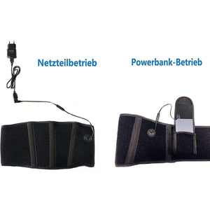Heating belt showing power options via wall adapter or portable power bank