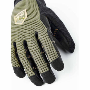 Hestra olive green mesh glove with black leather accents and logo patch
