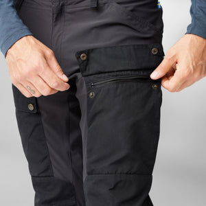Close up of Fjallraven trousers showing the zippered thigh pocket and buttoned flap