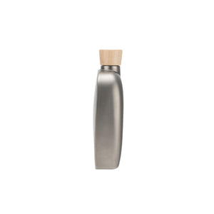 Side profile of a flat grey metal flask with a wooden cap