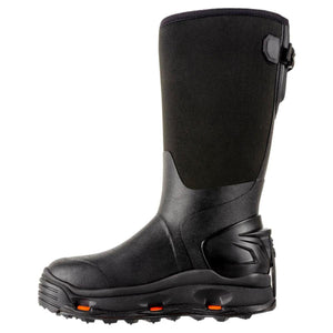 Korkers black waterproof rubber wading boot with orange sole accents
