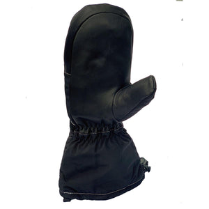 Black leather winter mitten with elasticated wrist and adjustable cuff