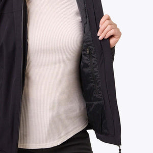 Close up of black jacket interior showing zipper pocket and textured lining