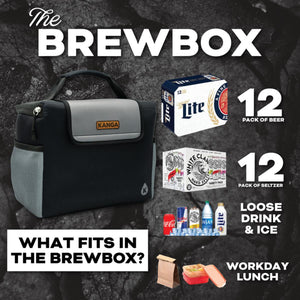 Kanga Brewbox cooler showing capacity for 12 pack beer 12 pack seltzer loose drinks ice and lunch
