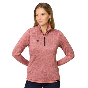 Woman wearing a red heathered Venture quarter zip pullover with a black front zipper