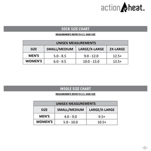 ActionHeat sock and insole size chart for men and women US shoe sizes