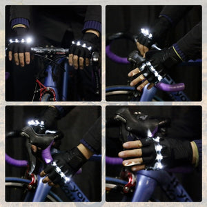 Cyclist wearing fingerless gloves with integrated LED lights on handlebars