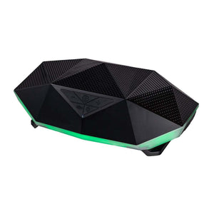 Outdoor Tech black geometric portable speaker with green LED light base