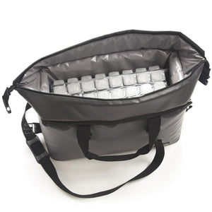 Open grey insulated cooler bag containing a tray of ice cubes
