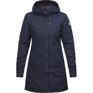 FjallRaven navy blue hooded parka jacket with front zipper and chest pocket
