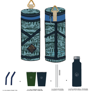 United By Blue bottle carrier set with two tumblers, two straws, straw tips, and a stainless steel bottle