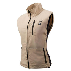 Gobi Heat women's tan heated vest with black zipper and chest logo