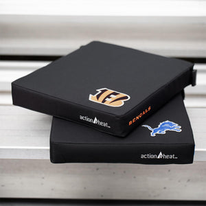 Two black ActionHeat stadium seat cushions with Cincinnati Bengals and Detroit Lions team logos