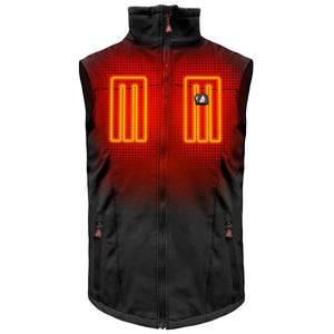 Black heated vest with glowing orange heating elements on the chest