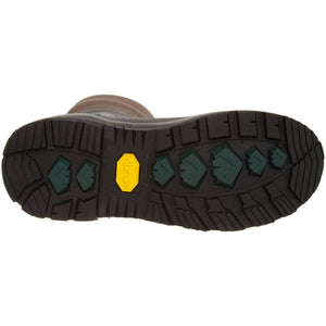 Black rubber lugged outsole of a Muck boot with a yellow Vibram logo