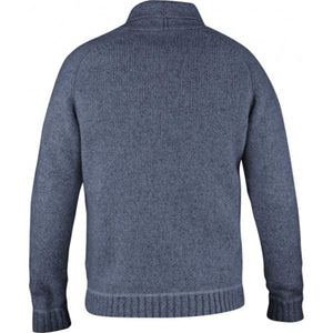 Back view of a blue marl knit shawl collar cardigan with ribbed cuffs and hem