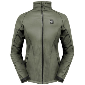 Olive green women heated softshell jacket with full front zipper and side pockets