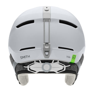 Back view of white Smith Vida ski helmet with adjustable fit dial and goggle strap