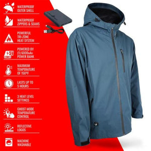 Blue heated jacket with power bank and feature list including waterproof shell and three heat settings