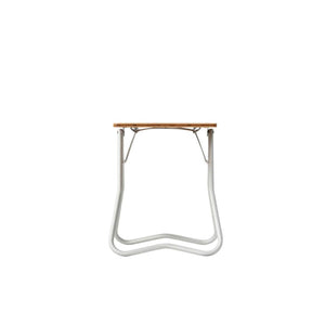 Small folding table with a wooden top and white metal legs