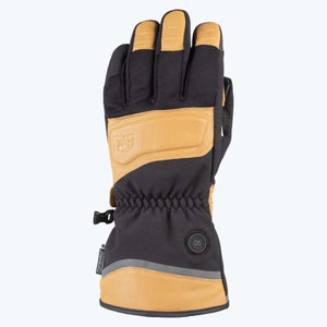 Mobile Warming black and tan heated glove with power button on wrist