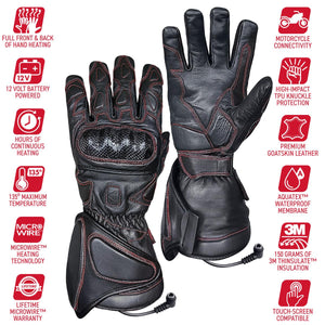 Gerbing heated motorcycle gloves with feature icons detailing heating technology and material specifications