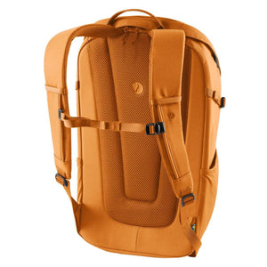 Back view of orange FjallRaven backpack showing padded shoulder straps and mesh back panel