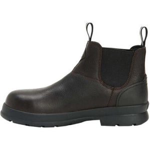 Brown leather Chelsea boot with black elastic side panels and thick rubber sole