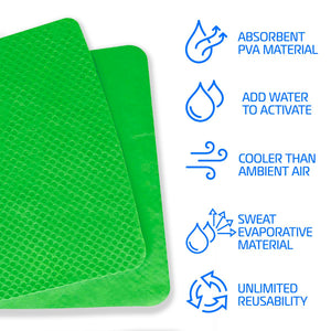 Green PVA cooling towel with icons and text explaining absorbent material activation and reusability