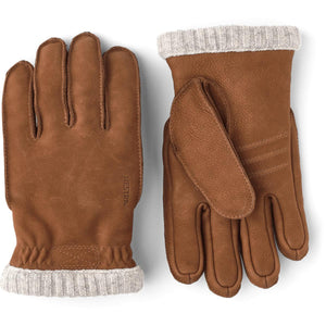 Hestra brown leather gloves with grey ribbed knit cuffs