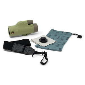NOCS Provisions monocular with black wrist strap, cleaning cloth, and drawstring storage bag