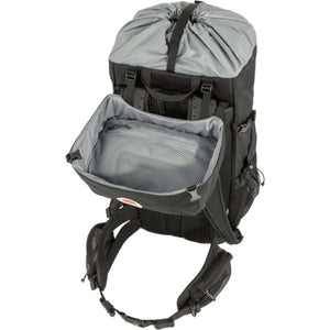 Fjallraven black hiking backpack with open front pocket and grey drawstring top