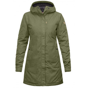 FjallRaven olive green hooded parka with front zipper and pockets