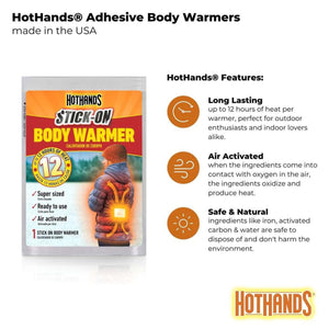 HotHands adhesive body warmer packaging showing 12 hours of heat and air activated features