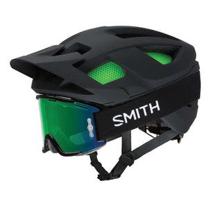 Smith matte black mountain bike helmet with green visor and green goggles