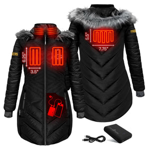 ActionHeat black heated parka showing heating element locations and dimensions with included battery pack