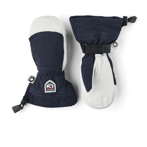 Hestra navy and white insulated winter mittens with adjustable wrist straps