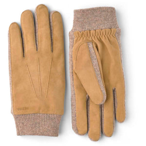 Hestra tan suede and knit gloves