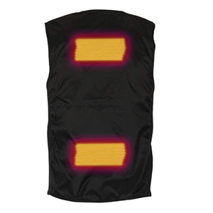 Black heated vest with two glowing orange heating elements on the back