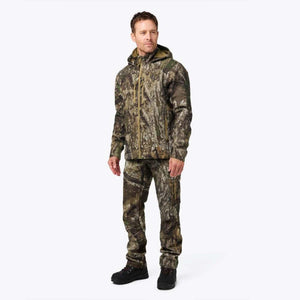 Man wearing a camouflage hooded jacket and matching trousers