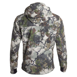 Back view of Mobile Warming hooded jacket in camouflage pattern