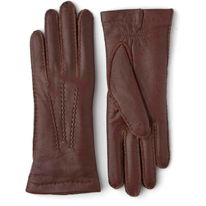 Hestra brown leather gloves with decorative stitching