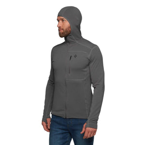 Man wearing a grey Black Diamond hooded zip up fleece jacket