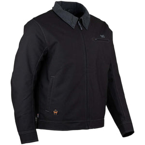 Mobile Warming black canvas jacket with corduroy collar and front zipper closure