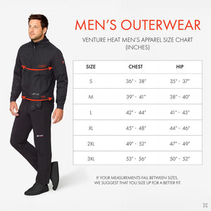 Venture Heat men's outerwear size chart showing chest and hip measurements for sizes small through 3XL